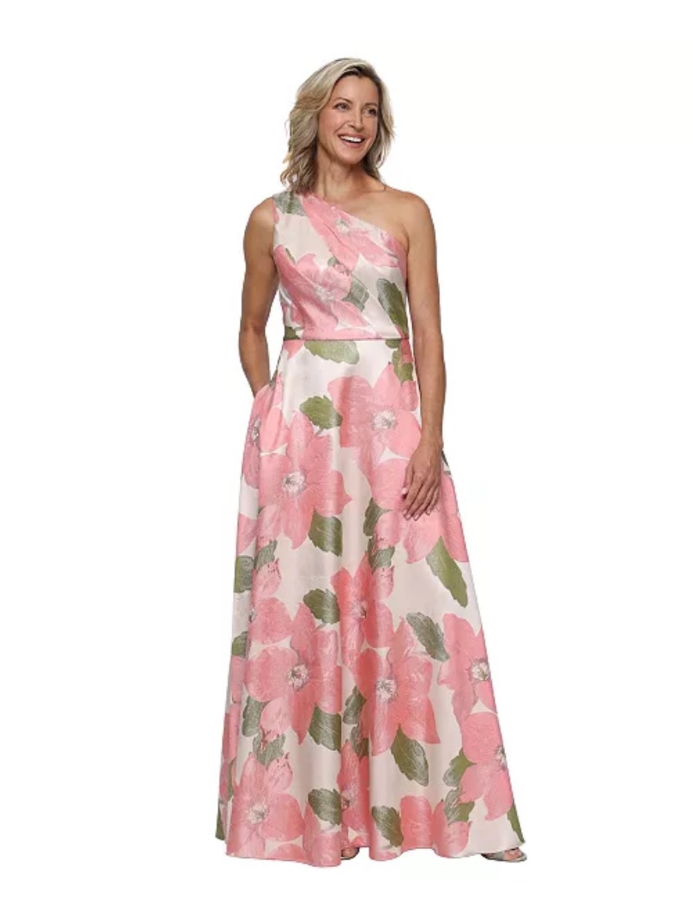Alex Evenings One-Shoulder Pink Floral Satin Gown